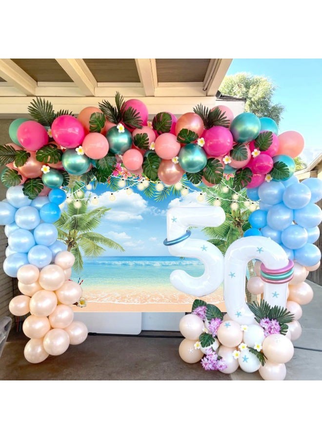 WANGRJ Hawaiian Beach Backdrop Summer Tropical Flower Palm Ocean Beach Photography Background for Hawaiian Aloha Party Luau Photoshoot Tiki Themed Decoration 8x6FT - Image 3