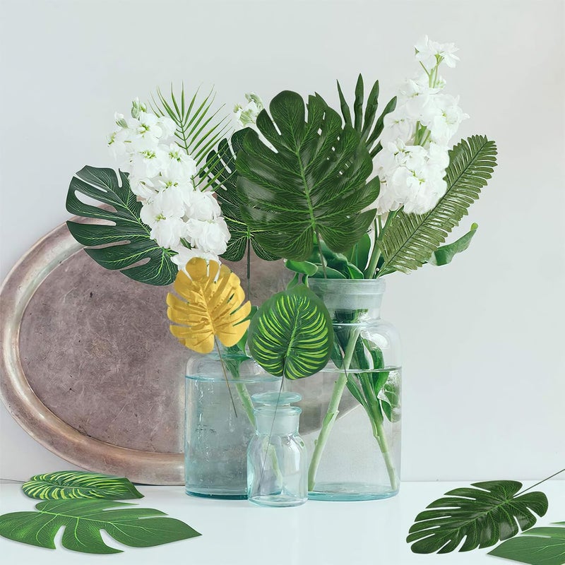 LOMIRO 108 Pieces 11Kinds Artificial Tropical Leaf Jungle Leaves Plant Safari Leaves Decorations Fake Palm Golden Leaf with Stems for Hawaiian Luau Party Table Beach Birthday Wedding Theme Party Decorations - Image 4