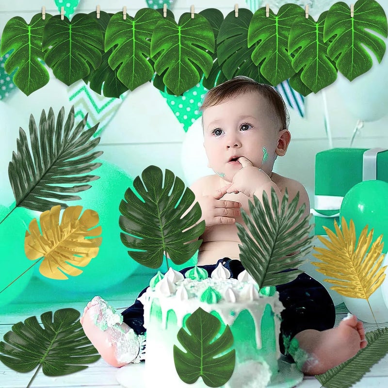 LOMIRO 108 Pieces 11Kinds Artificial Tropical Leaf Jungle Leaves Plant Safari Leaves Decorations Fake Palm Golden Leaf with Stems for Hawaiian Luau Party Table Beach Birthday Wedding Theme Party Decorations - Image 3
