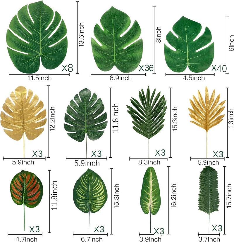 LOMIRO 108 Pieces 11Kinds Artificial Tropical Leaf Jungle Leaves Plant Safari Leaves Decorations Fake Palm Golden Leaf with Stems for Hawaiian Luau Party Table Beach Birthday Wedding Theme Party Decorations - Image 2
