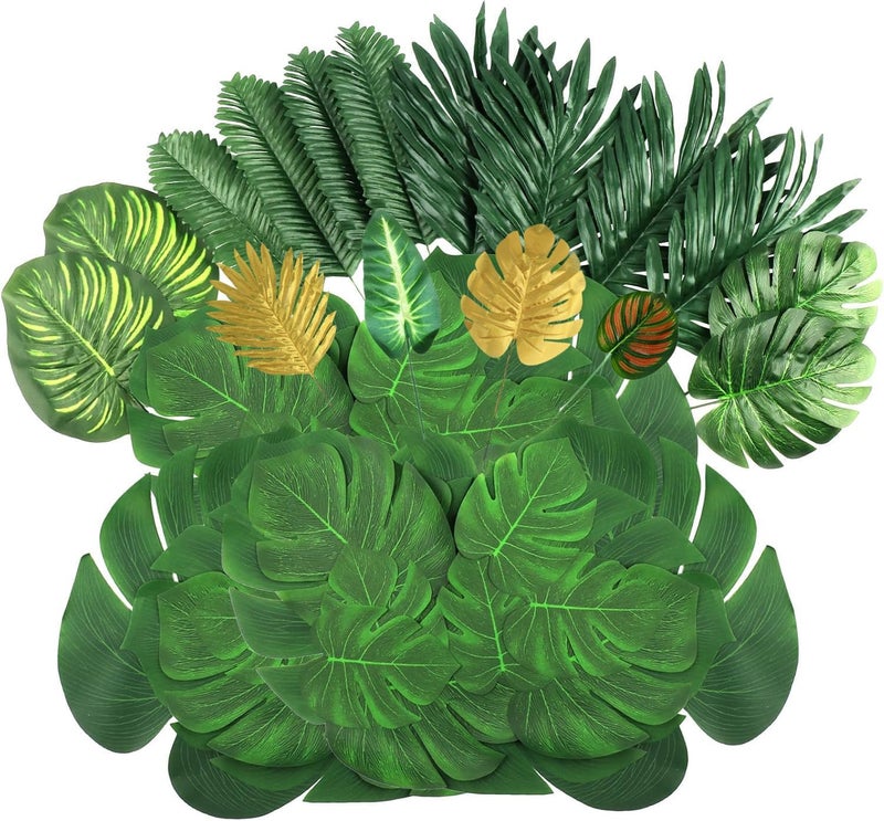 LOMIRO 108 Pieces 11Kinds Artificial Tropical Leaf Jungle Leaves Plant Safari Leaves Decorations Fake Palm Golden Leaf with Stems for Hawaiian Luau Party Table Beach Birthday Wedding Theme Party Decorations - Image 1