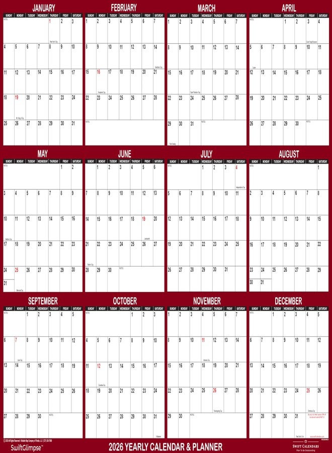 Swiftmaps 24" x 36" SwiftGlimpse 2026 Wall Calendar Erasable Large Wet & Dry Erase Laminated 12 Month Annual Yearly Wall Planner, Reversible, Horizontal/Vertical, Maroon - Image 2