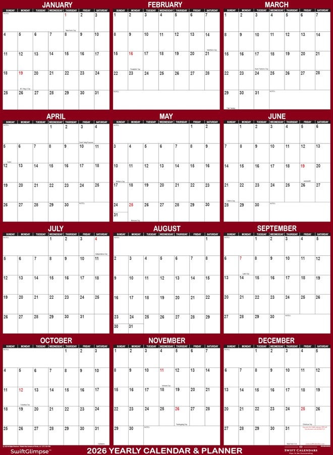Swiftmaps 24" x 36" SwiftGlimpse 2026 Wall Calendar Erasable Large Wet & Dry Erase Laminated 12 Month Annual Yearly Wall Planner, Reversible, Horizontal/Vertical, Maroon - Image 3