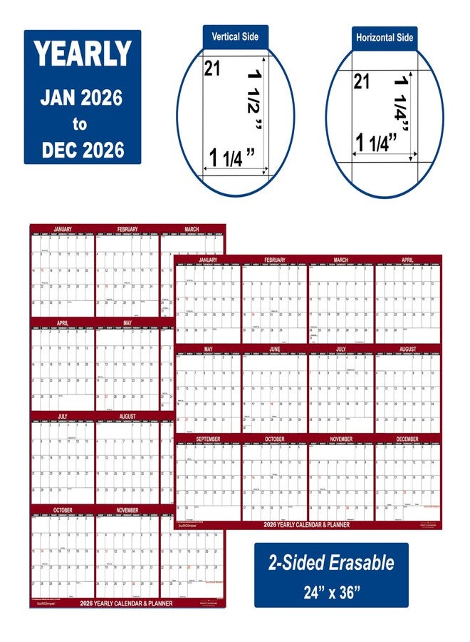 Swiftmaps 24" x 36" SwiftGlimpse 2026 Wall Calendar Erasable Large Wet & Dry Erase Laminated 12 Month Annual Yearly Wall Planner, Reversible, Horizontal/Vertical, Maroon - Image 4