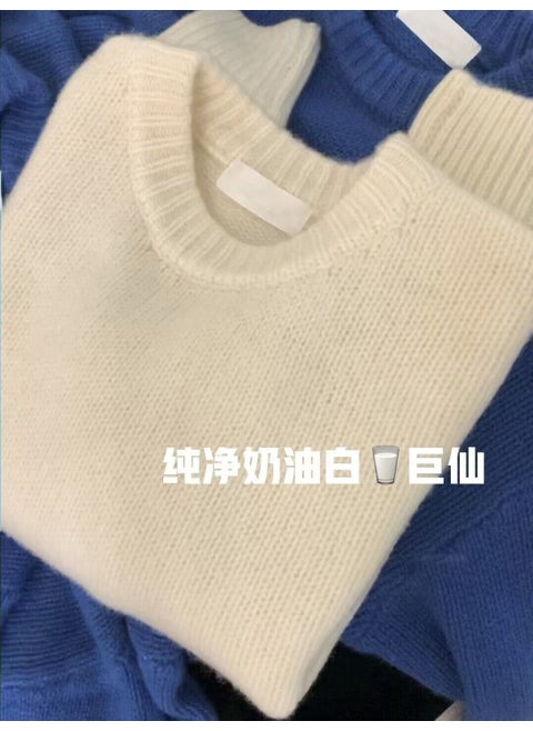 Idle Style Womens Pullover Sweater Soft Cashmere Knitted Top Solid Color Autumn/Winter Warm Comfortable Crew Neck Design Off-white