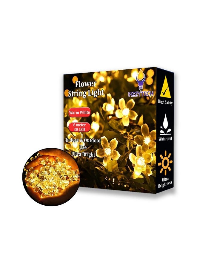 fizzytech فزيتيك 30 لمبة LED 6 متر أضواء زهور لسلسلة الزينة الداخلية والخارجية ضوء ديوالي (30 لمبة LED 6 متر أبيض دافئ) (30 زهرة LED 6 متر (أبيض دافئ)) - Image 1