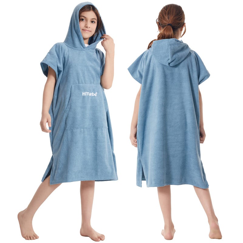 Hiturbo Kids Changing Towel Robe Quick Dry Absorbent Surf Poncho Microfiber Bath Towels Blue