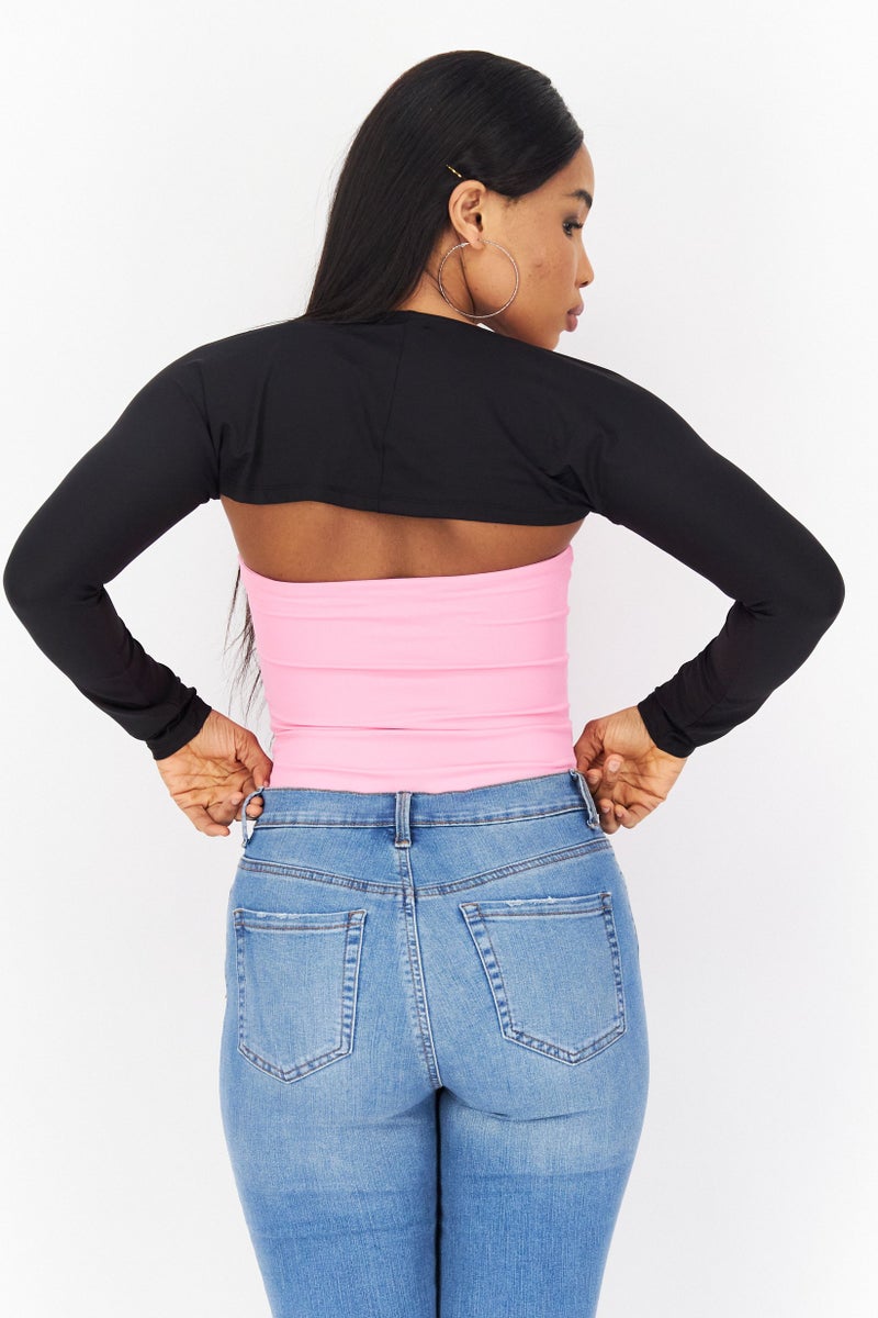 XOXO Women Split Neck Long Sleeves Plain Top, Black - Image 4