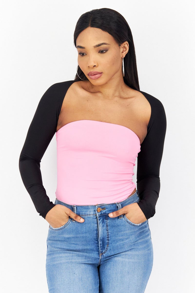 XOXO Women Split Neck Long Sleeves Plain Top, Black - Image 1