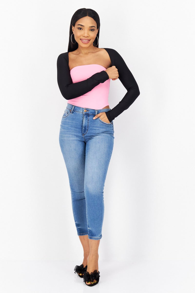XOXO Women Split Neck Long Sleeves Plain Top, Black - Image 2