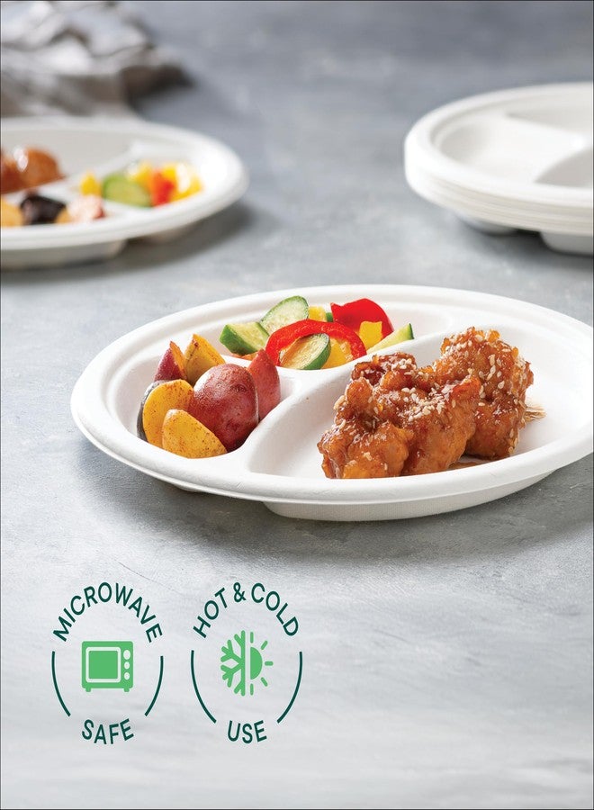 Stack Man 100% Compostable, 3 Compartment [10-Inch] Disposable Paper Plates [125-Pack] Sectional Lunch Trays + Dividers - Divided Platter Tray - Heavy Duty Biodegradable Bagasse (BPA-Certified) (PFAS-Free) - Image 4