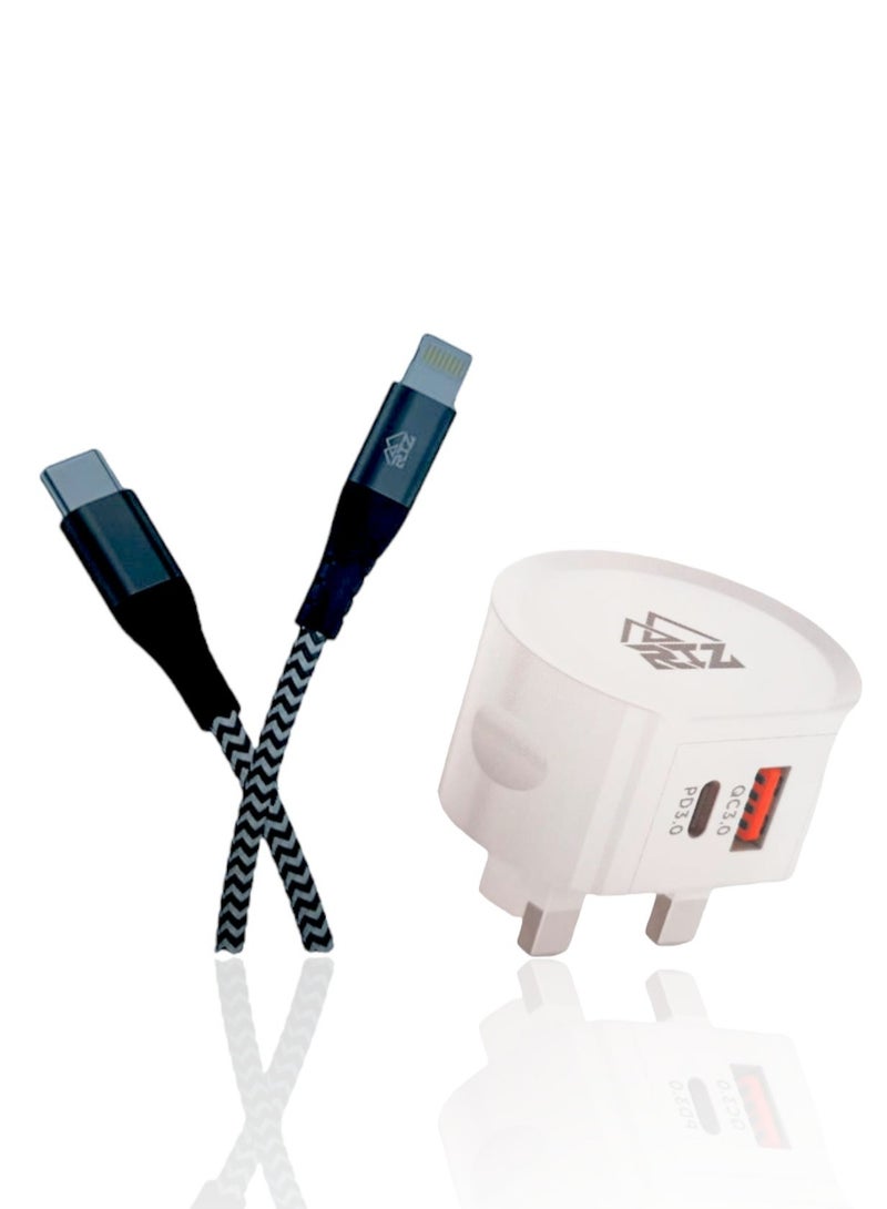 RTZ Wall Charger Set with PD Cable Fast Charger 20W with 2 USB & PD Ports - Image 1