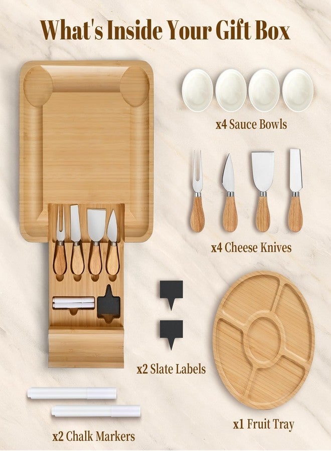 CAWIU Premium Charcuterie Board with Lid – Bamboo Cheese Board Set with Utensils, Drawer & Fruit Tray – House Warming Gifts New Home, Wedding, Birthday, Bridal Shower (Cream) - Image 2