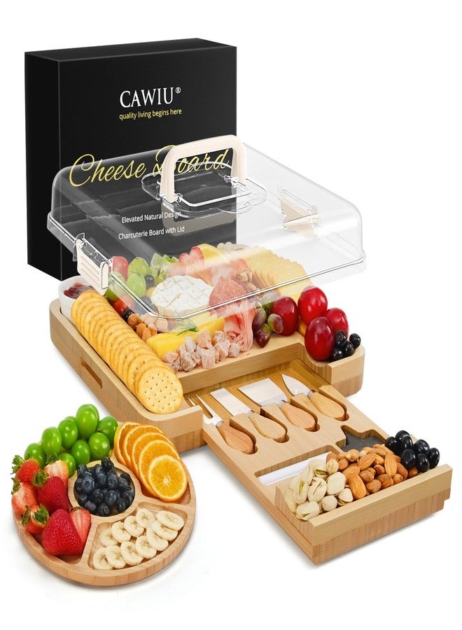 CAWIU Premium Charcuterie Board with Lid – Bamboo Cheese Board Set with Utensils, Drawer & Fruit Tray – House Warming Gifts New Home, Wedding, Birthday, Bridal Shower (Cream) - Image 1