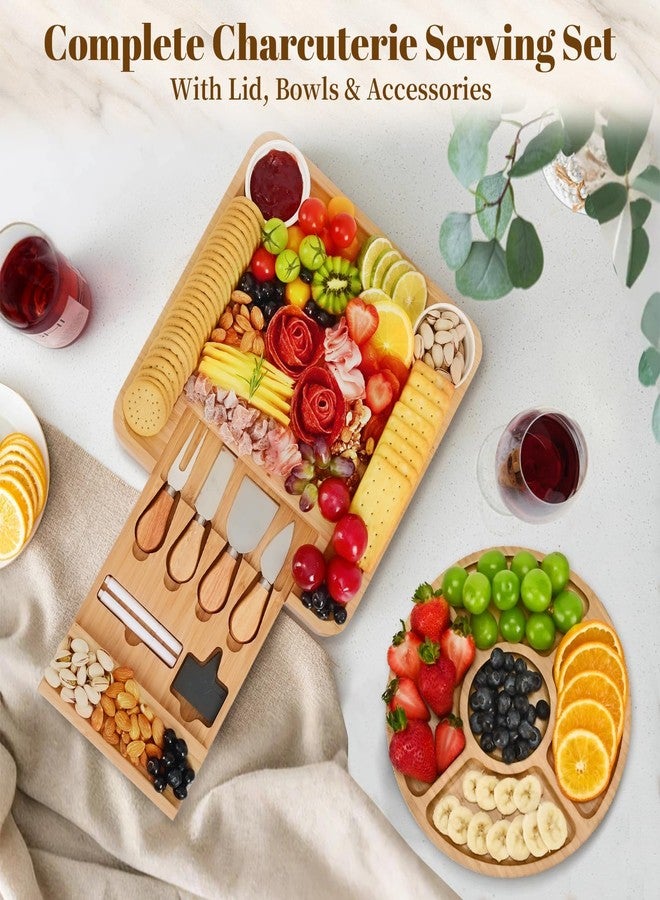 CAWIU Premium Charcuterie Board with Lid – Bamboo Cheese Board Set with Utensils, Drawer & Fruit Tray – House Warming Gifts New Home, Wedding, Birthday, Bridal Shower (Cream) - Image 4
