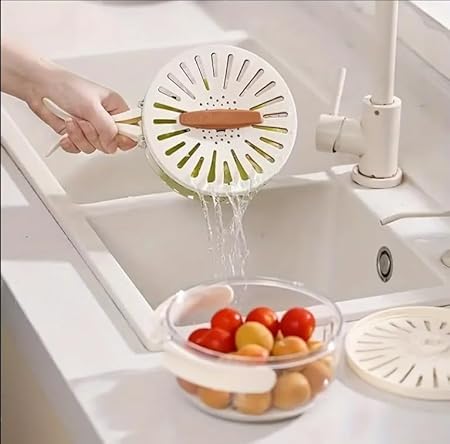 VIBRAL Fruit Draining Basket with Lid 2 in 1 Multifunctional Drain Basket with Handle Portable Food Storage Container for Fridge Outdoor Picnic for Washing Fruit Food Storage Pack of 1 - Image 2