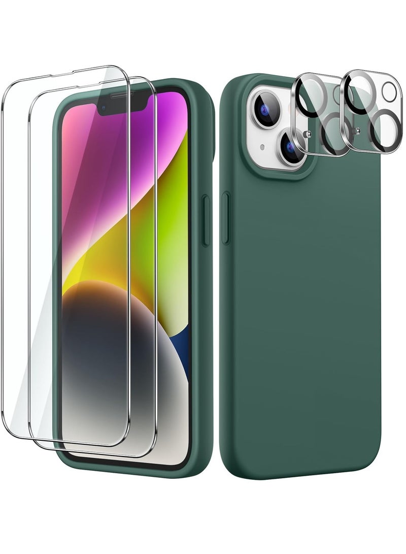 Midnight Green 5-in-1 Silicone Case for iPhone 14 (6.1-Inch) – Includes 2-Pack Screen Protectors & 2-Pack Camera Lens Protectors, Full Coverage Tempered Glass Film, Shockproof Design - Image 1