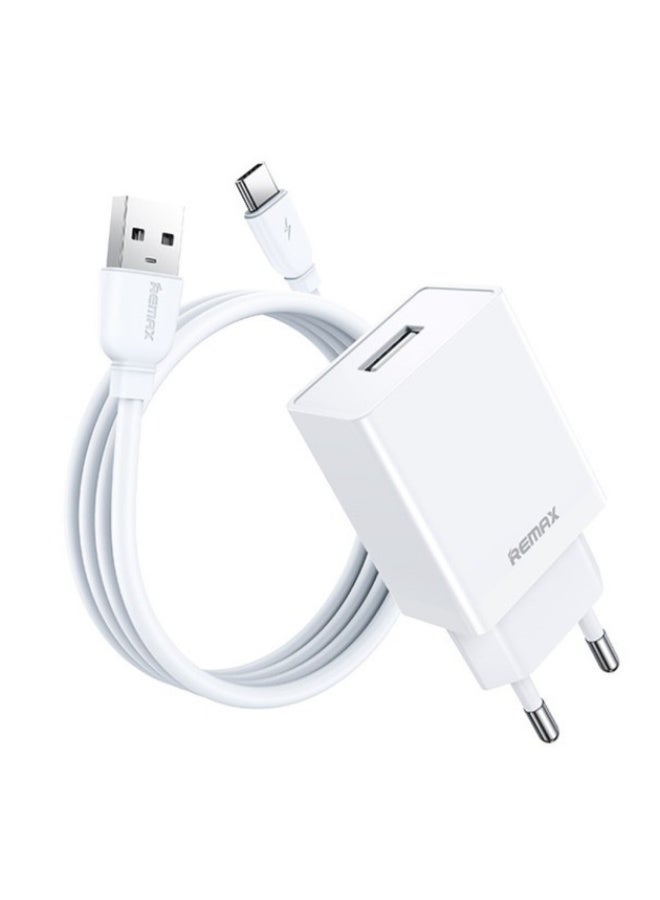 ريماكس شاحن حائط 12 وات مع كابل من النوع C، محول شحن سريع 1USB 2.4A مع شريحة حماية ذكية، صغير الحجم وآمن لأجهزة Android - أبيض - Image 1
