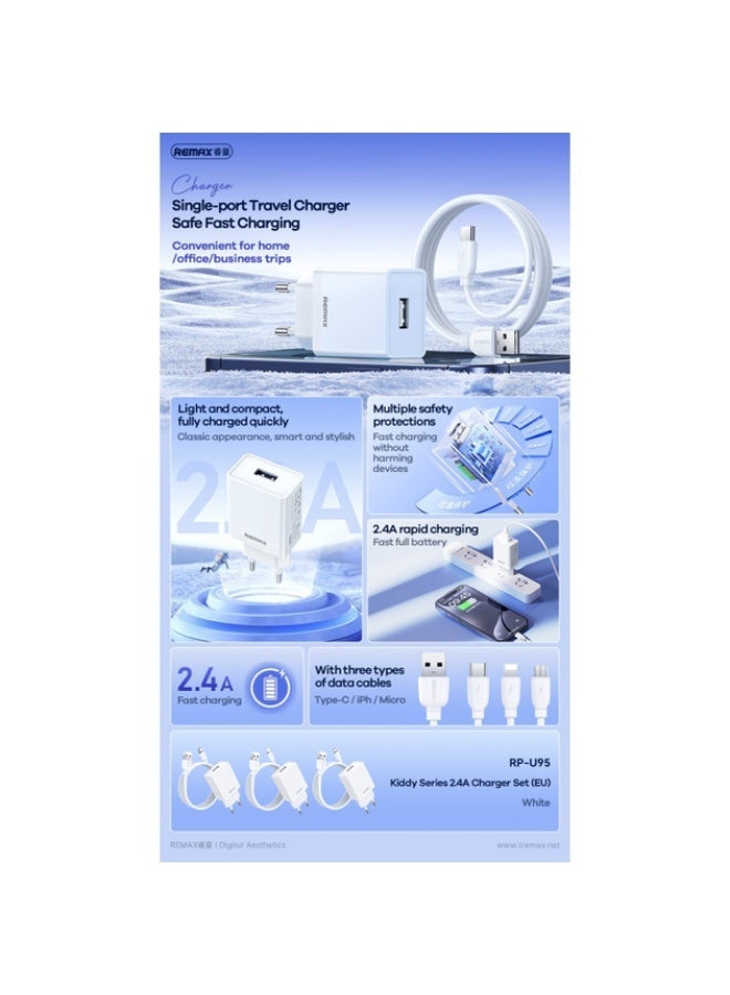 ريماكس شاحن حائط 12 وات مع كابل من النوع C، محول شحن سريع 1USB 2.4A مع شريحة حماية ذكية، صغير الحجم وآمن لأجهزة Android - أبيض - Image 3