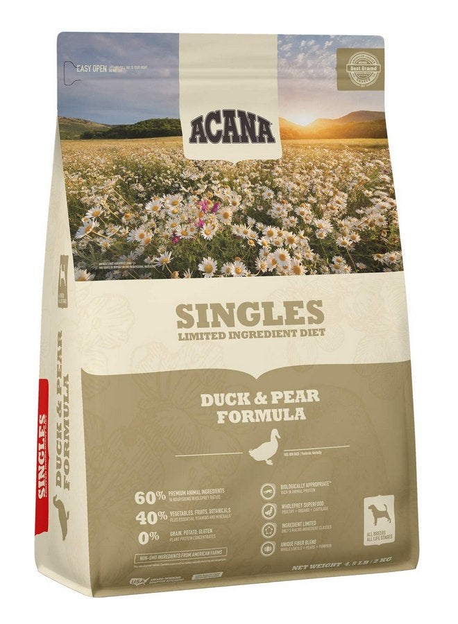 (أسنى) طعام كلاب جاف من ACANA Singles Duck and Pear Recipe، 4.5 رطل، مكون محدود - Image 1