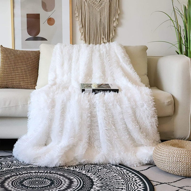 Tuddrom Decorative Extra Soft Faux Fur Blanket Twin Size 70" x 78",Solid Reversible Fuzzy Lightweight Long Hair Shaggy Blanket,Fluffy Plush Fleece Comfy Microfiber Throw Blanket for Couch Sofa Bed,Pure White - Image 1