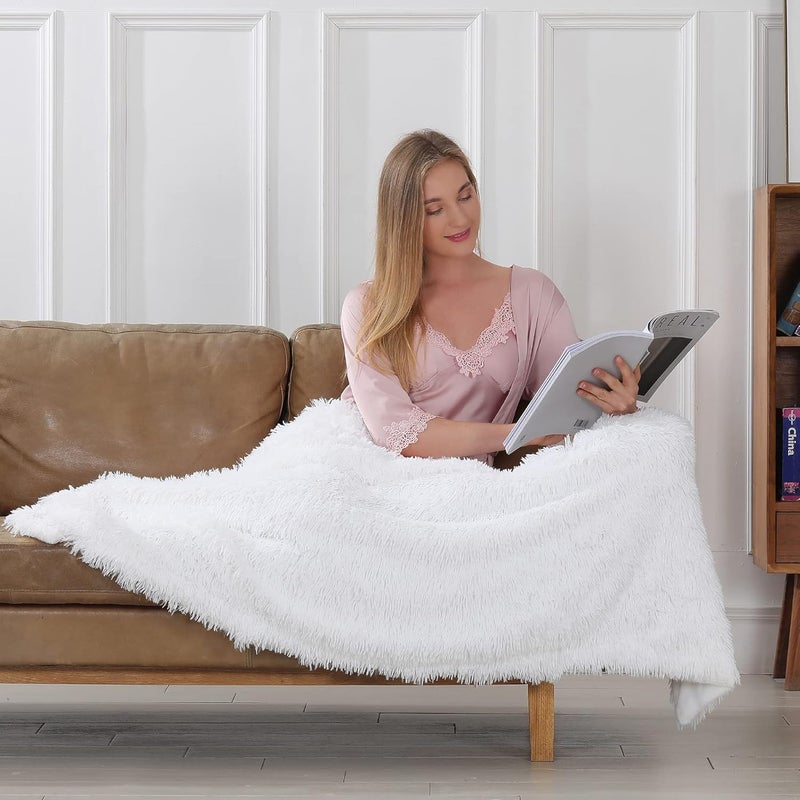 Tuddrom Decorative Extra Soft Faux Fur Blanket Twin Size 70" x 78",Solid Reversible Fuzzy Lightweight Long Hair Shaggy Blanket,Fluffy Plush Fleece Comfy Microfiber Throw Blanket for Couch Sofa Bed,Pure White - Image 2