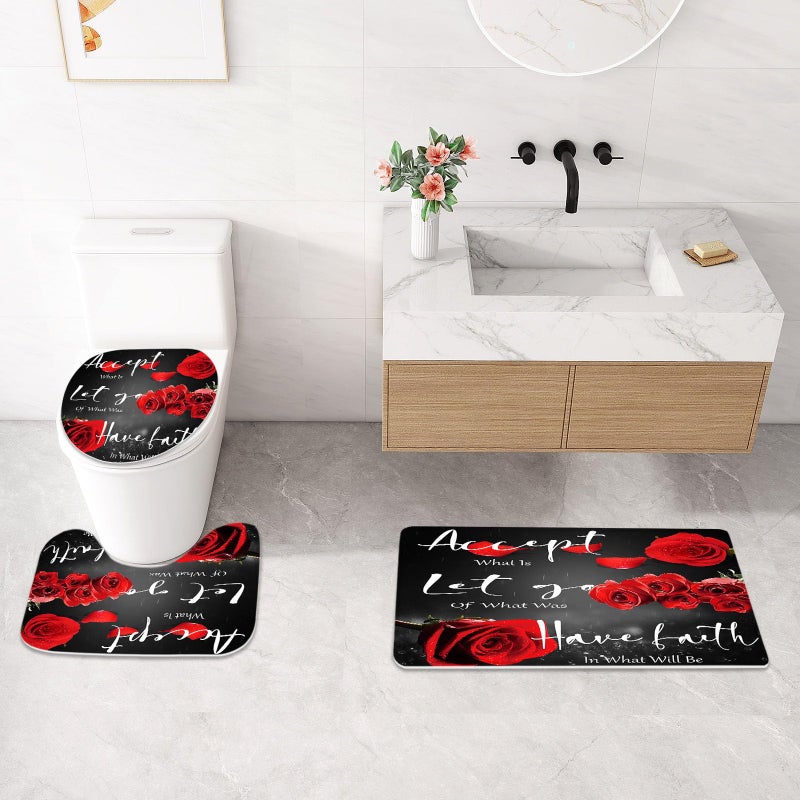 Litabel 4 Pcs Red Rose Shower Curtain Sets with Non-Slip Rug, Toilet Lid Cover and Bath Mat, Thankful Grateful Blessed Black Red Retro Elegant Shower Curtain Valentine's Day Bathroom Set(Hooks Not Included) - Image 5