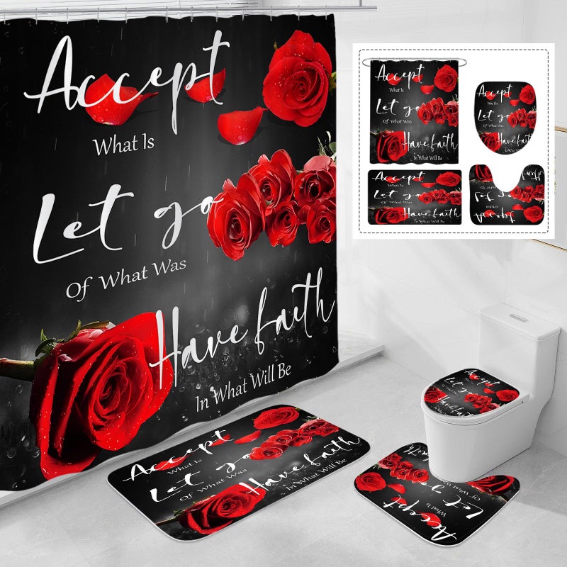 Litabel 4 Pcs Red Rose Shower Curtain Sets with Non-Slip Rug, Toilet Lid Cover and Bath Mat, Thankful Grateful Blessed Black Red Retro Elegant Shower Curtain Valentine's Day Bathroom Set(Hooks Not Included) - Image 1
