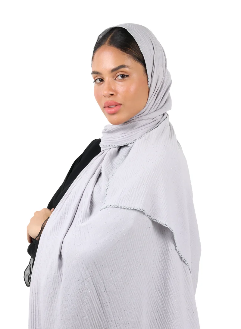 Jameela  Crinkle Cotton Mix Scarf with Lace Trim & Shimmer (Slate Grey) for Women | Best Price UAE