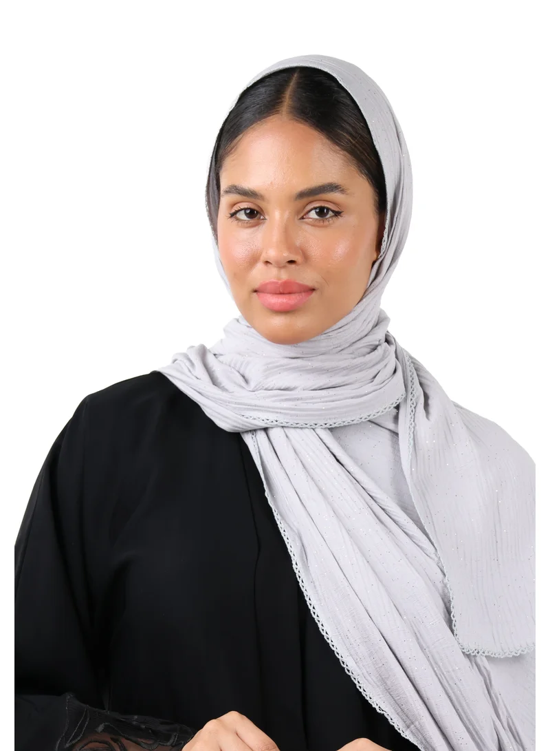 Jameela  Crinkle Cotton Mix Scarf with Lace Trim & Shimmer (Slate Grey) for Women | Best Price UAE