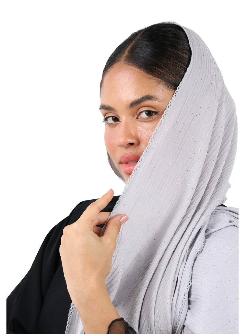 Jameela  Crinkle Cotton Mix Scarf with Lace Trim & Shimmer (Slate Grey) for Women | Best Price UAE