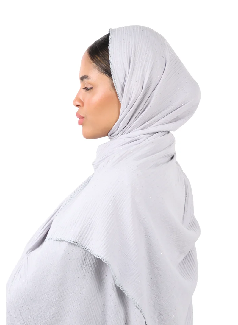 Jameela  Crinkle Cotton Mix Scarf with Lace Trim & Shimmer (Slate Grey) for Women | Best Price UAE