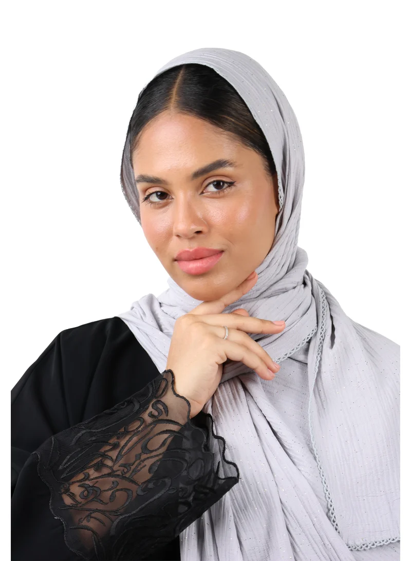 Jameela  Crinkle Cotton Mix Scarf with Lace Trim & Shimmer (Slate Grey) for Women | Best Price UAE