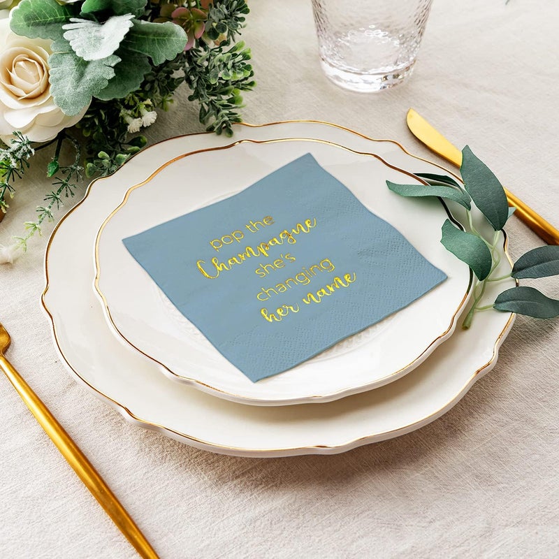 Crisky Dusty Blue Bridal Shower Cocktail Napkins Bachelorette Dessert Napkins Gold Foil Bachelorette Bridal Shower Engagement Party Decoration Party Supplies  50 Count 3ply - Image 4
