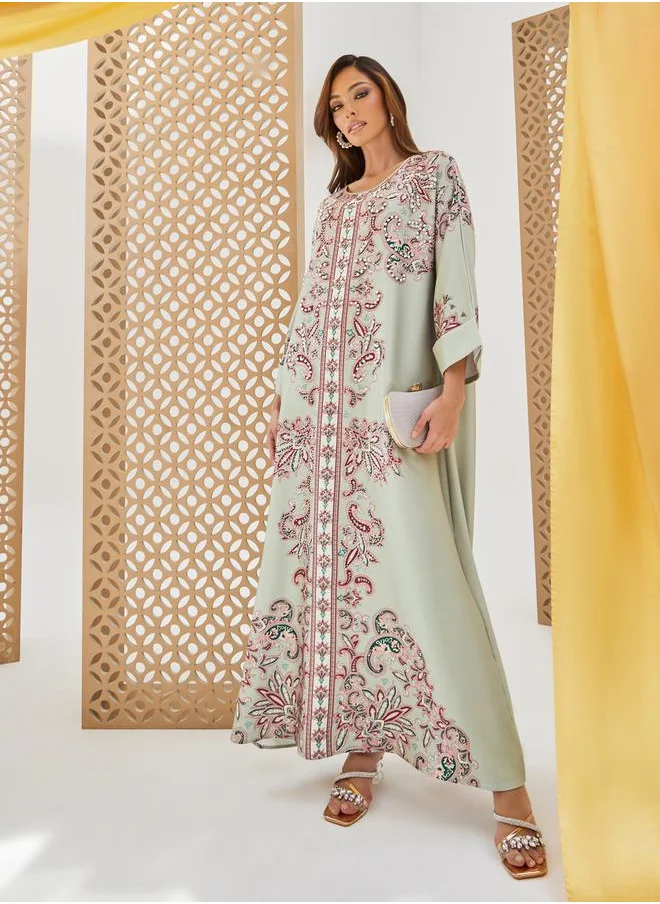 Styli Printed Jalabiya with Faux Pearl Embroidery