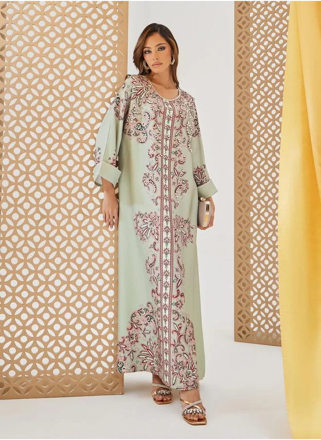 Styli Printed Jalabiya with Faux Pearl Embroidery