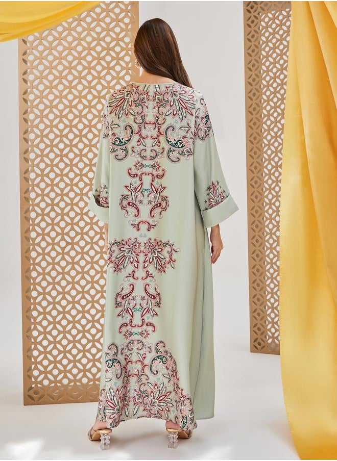 Styli Printed Jalabiya with Faux Pearl Embroidery  - Image 5