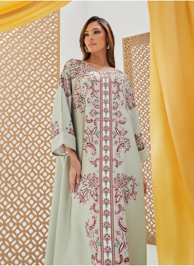 Styli Printed Jalabiya with Faux Pearl Embroidery  - Image 3