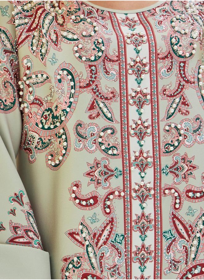 Styli Printed Jalabiya with Faux Pearl Embroidery  - Image 4