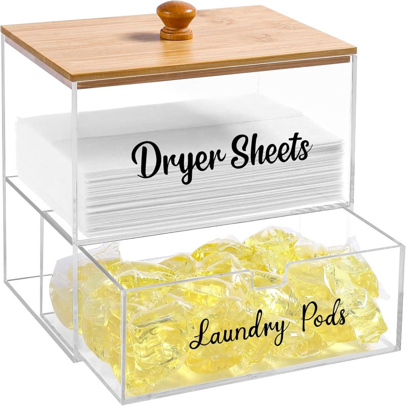 VOTLEVT Acrylic Laundry Pods Contianer and Dryer Sheet Holder Set with Bamboo Lid, Dishwasher Pods Container, Laundry Pods Holder, Laundry Soap Organizer, Laundry Room Organization and Storage - Image 1
