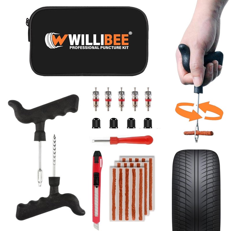 WILLIBEE 8-in-1 Tool Set (Pack of 15 Strips), Tubeless Tyre Puncture Repair Kit for Car, Bike, Scooter & SUV (with Storage Bag) | Universal Emergency Tyre Fix Tool Set, Flat Tire Puncher Repair Kit. - Image 1
