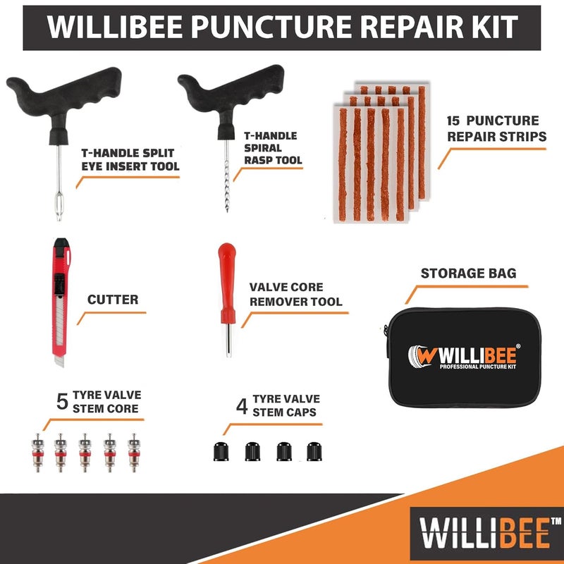 WILLIBEE 8-in-1 Tool Set (Pack of 15 Strips), Tubeless Tyre Puncture Repair Kit for Car, Bike, Scooter & SUV (with Storage Bag) | Universal Emergency Tyre Fix Tool Set, Flat Tire Puncher Repair Kit. - Image 2
