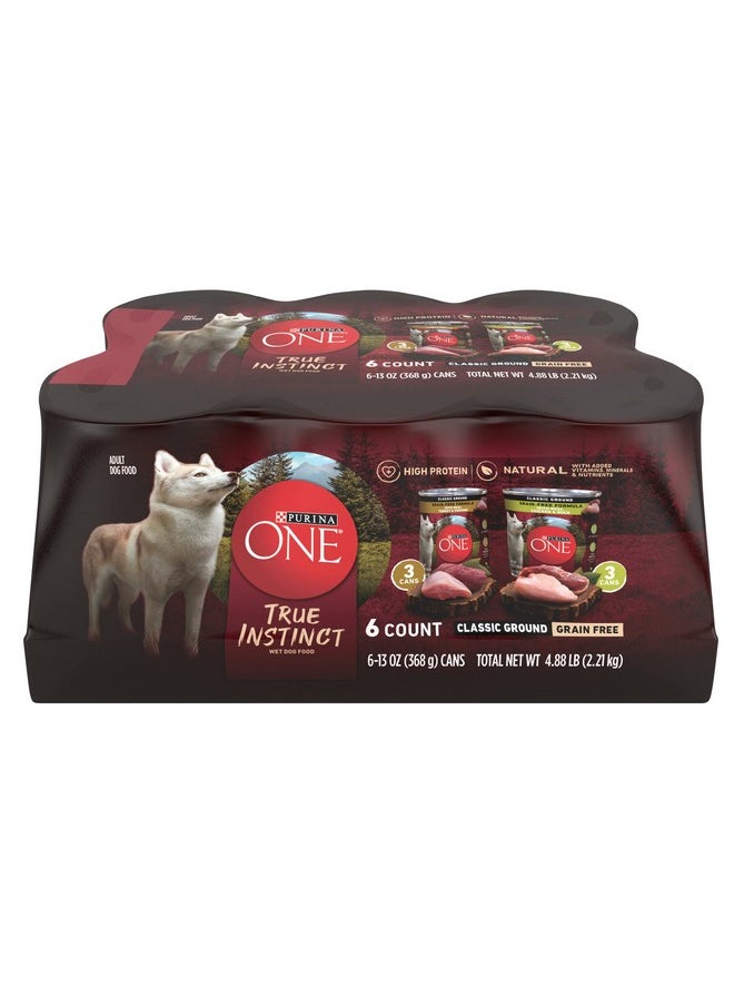 بيورينا ون مجموعة متنوعة من الأطعمة الرطبة عالية البروتين للكلاب من True Instinct Classic Ground Grain-Free Formulas مع لحم الديك الرومي الحقيقي ولحم الغزال، والدجاج الحقيقي والبط - (عبوة من 6 عبوات) 13 أونصة  - Image 1