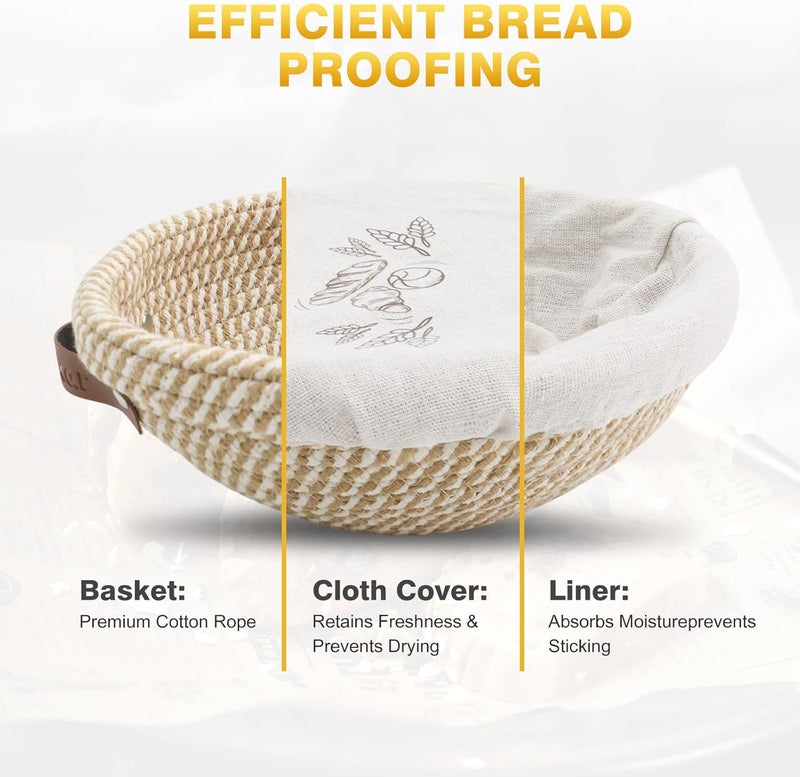 Nikkar Banneton Bread Proofing Basket Set of 2, 9 Inch & 10 Inch Round Cotton Rope Sourdough Bread Baking Supplies Proofing Bowls with Liners & Covers Gifts for Bakers Women Wife Mom - Image 4