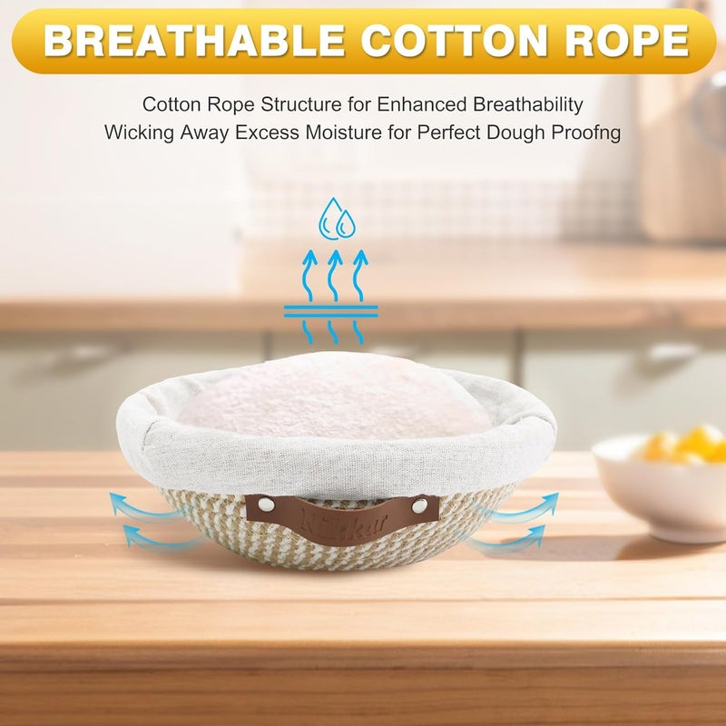 Nikkar Banneton Bread Proofing Basket Set of 2, 9 Inch & 10 Inch Round Cotton Rope Sourdough Bread Baking Supplies Proofing Bowls with Liners & Covers Gifts for Bakers Women Wife Mom - Image 3