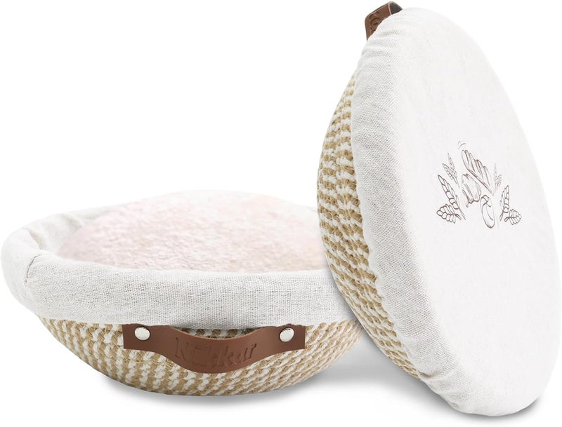 Nikkar Banneton Bread Proofing Basket Set of 2, 9 Inch & 10 Inch Round Cotton Rope Sourdough Bread Baking Supplies Proofing Bowls with Liners & Covers Gifts for Bakers Women Wife Mom - Image 1