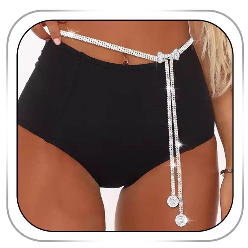CanB Bow Rhinestone Waist Belt Silver Thin Belts Crystal Chain Belt for Women - Image 1