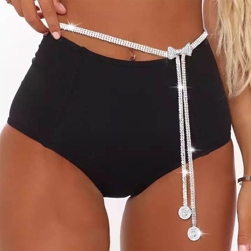 CanB Bow Rhinestone Waist Belt Silver Thin Belts Crystal Chain Belt for Women - Image 2