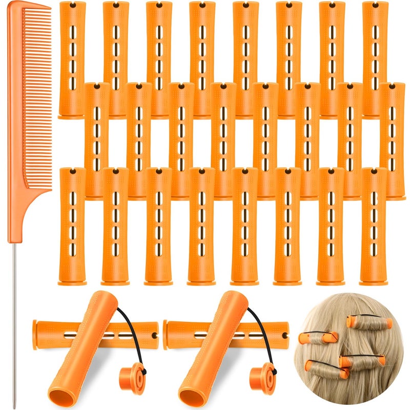 Chuangdi 24 Pcs Hair Perm Rods Plastic Cold Wave Perming Curlers Hair Rollers with Steel Pintail Comb Rat Tail Comb Tools for Hairdressing StylingOrange087inches - Image 3