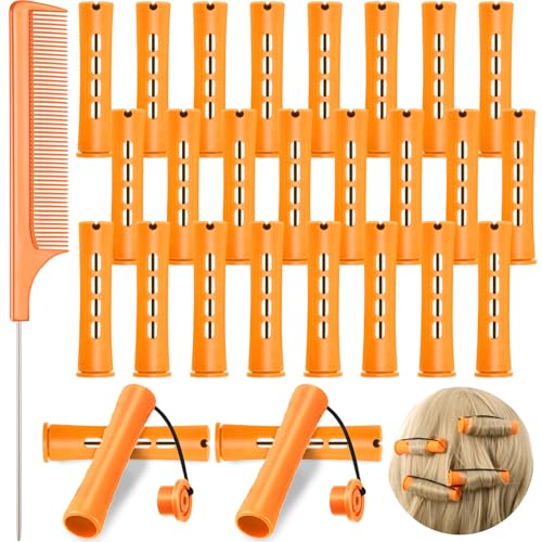Chuangdi 24 Pcs Hair Perm Rods Plastic Cold Wave Perming Curlers Hair Rollers with Steel Pintail Comb Rat Tail Comb Tools for Hairdressing StylingOrange087inches - Image 1